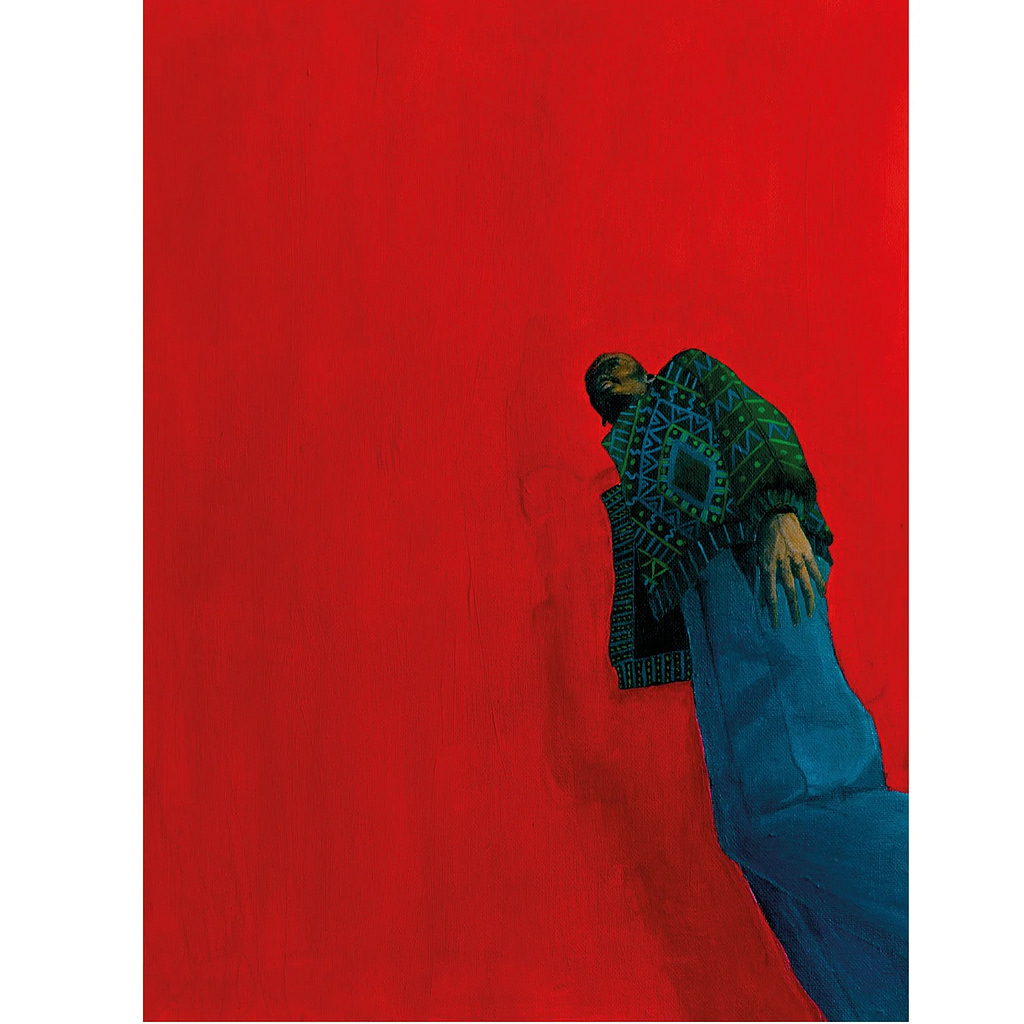 A red Painting with a leaning man in the right corner painted by artist and designer Klara Vitoria Christ-Chambers