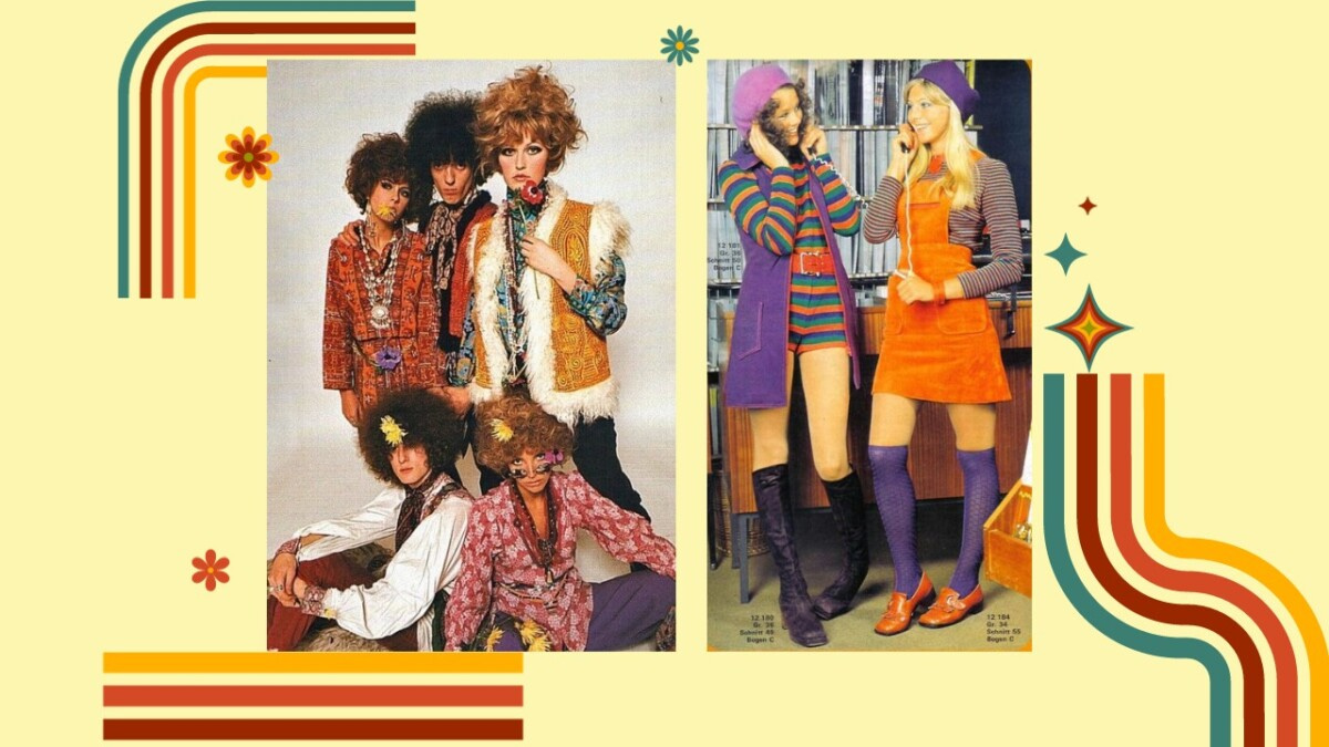 2 images of 70s fashion and 70s prints showing bright colours of orange and purple
