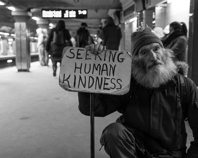 Photo of Homeless man holding a sign that says "Seeking Human Kindness"