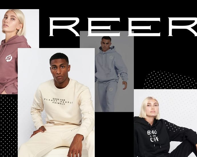 A collage of images showing tracksuits made by reer3 sustainable fashion brand