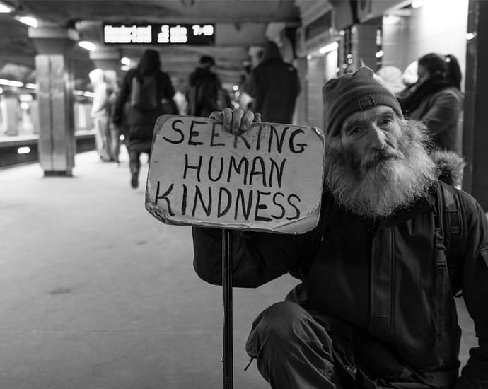 Photo of Homeless man holding a sign that says "Seeking Human Kindness"