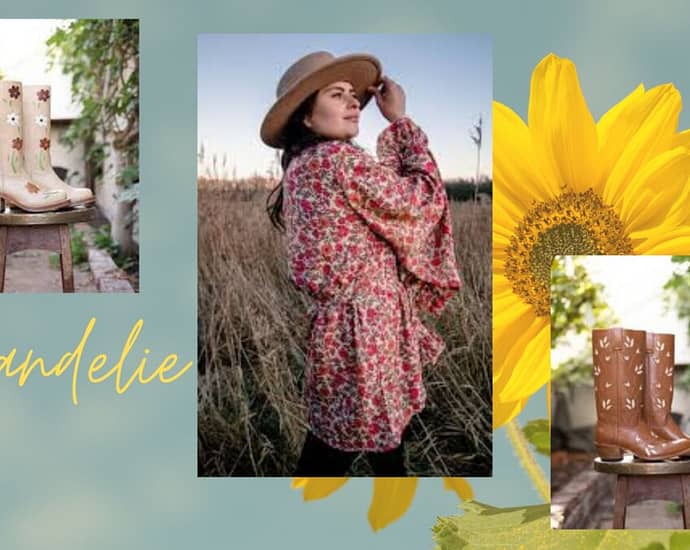 Collage of images showing products from sustainable fashion brand Dandelie. 2 images show boots and one with model wearing a floral top