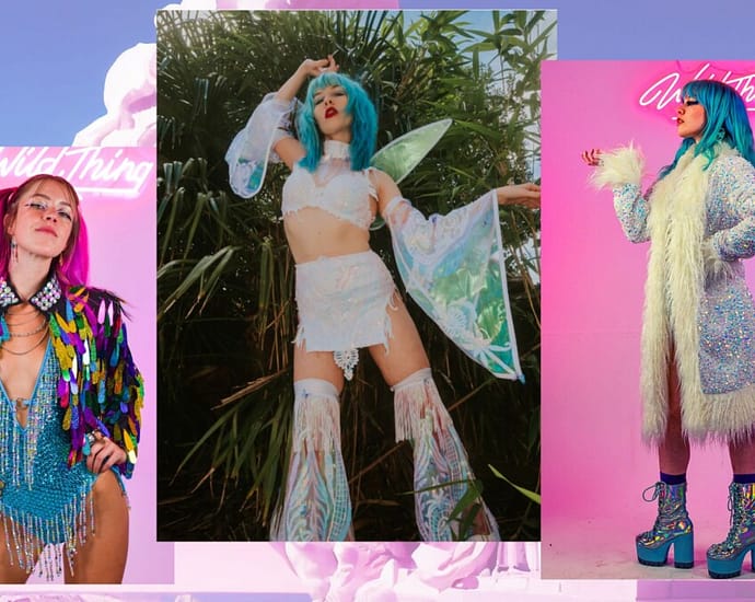 Image is a collage of images from sustainable fashion brand Wild Thing. Images show models wearing bright coloured clothing from Wild Thing