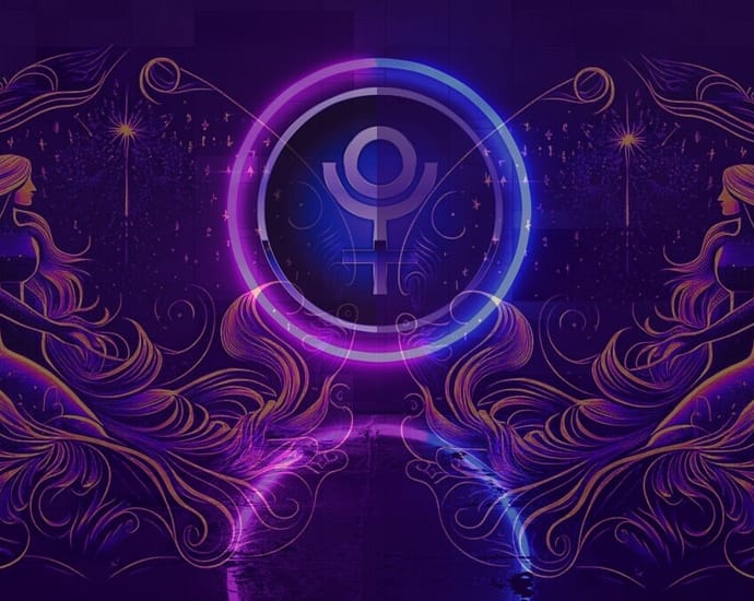 Graphic image with Pluto sign surrounded by a symmetrical images of female representing Aquarius - Pluto moves into Aquarius
