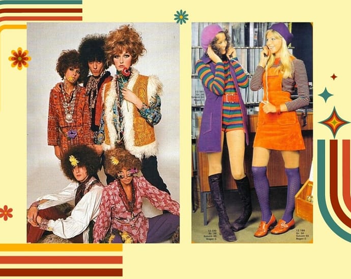 2 images of 70s fashion and 70s prints showing bright colours of orange and purple
