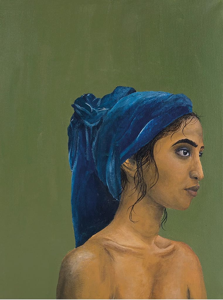 Artwork with Fine, soft lines in earthy colours depict a dark-skinned woman wearing a midnight blue headscarf. The painting consists of the colours green, blue and brown, the main colours of our earth. Painted by Klara Vitoria Christ-Chambers