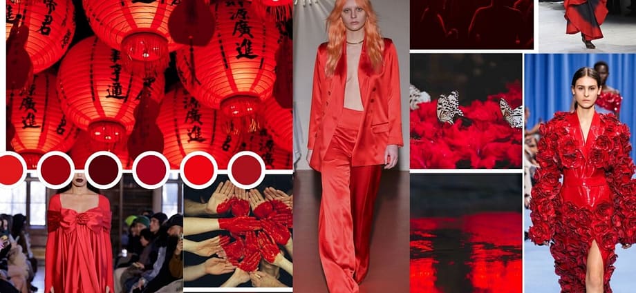 Image is a mood board of images showing the colour red. Image is to show the new fashion trend colour red being used in 2023 fashion week shows