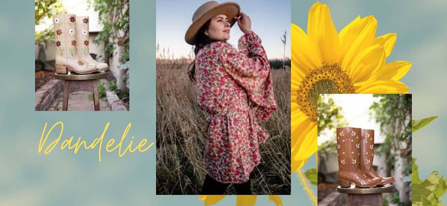 Collage of images showing products from sustainable fashion brand Dandelie. 2 images show boots and one with model wearing a floral top