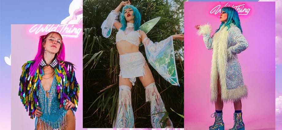 Image is a collage of images from sustainable fashion brand Wild Thing. Images show models wearing bright coloured clothing from Wild Thing