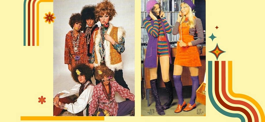 2 images of 70s fashion and 70s prints showing bright colours of orange and purple