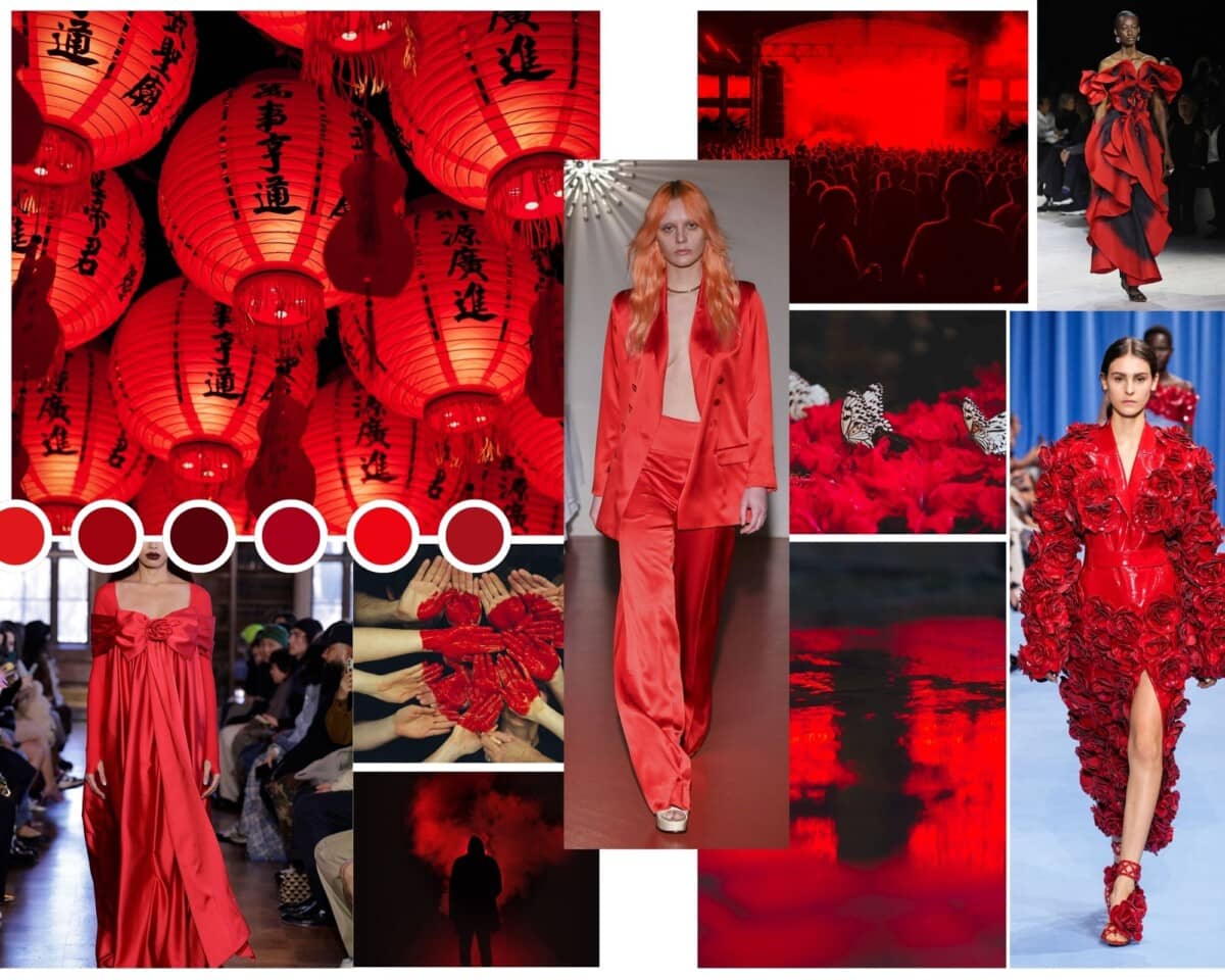 Image is a mood board of images showing the colour red. Image is to show the new fashion trend colour red being used in 2023 fashion week shows