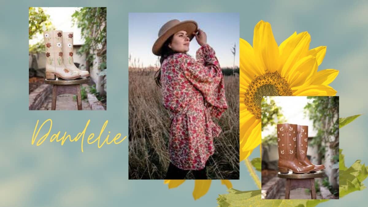 Collage of images showing products from sustainable fashion brand Dandelie. 2 images show boots and one with model wearing a floral top