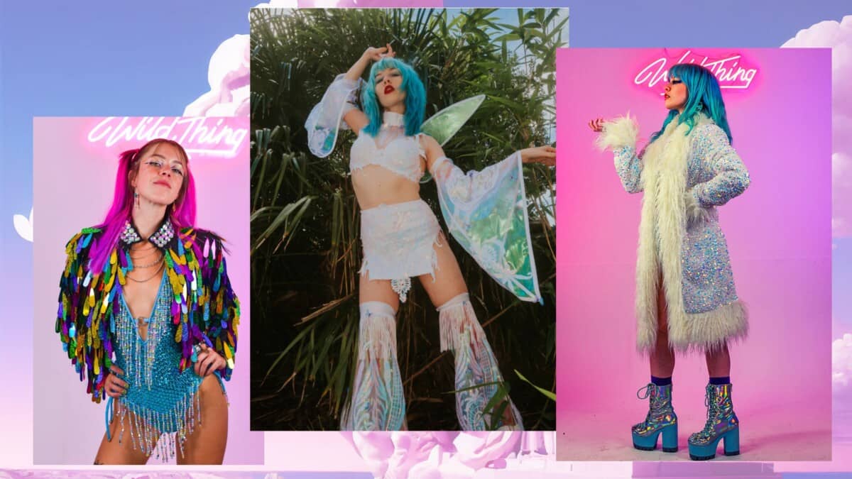 Image is a collage of images from sustainable fashion brand Wild Thing. Images show models wearing bright coloured clothing from Wild Thing