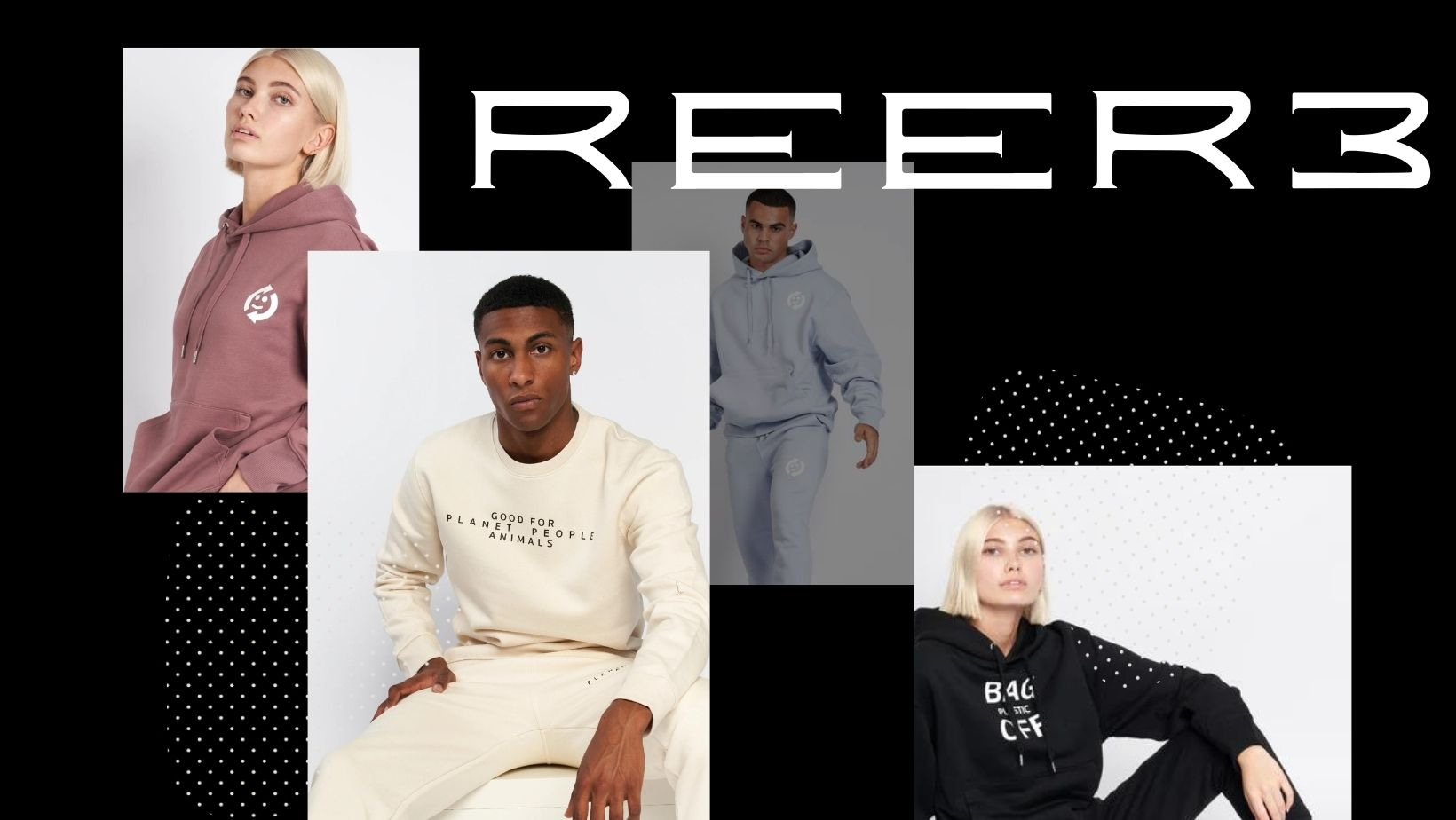 A collage of images showing tracksuits made by reer3 sustainable fashion brand